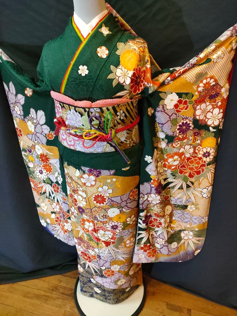 【大特価】振袖　古典柄　緑系　袋帯　その他セット