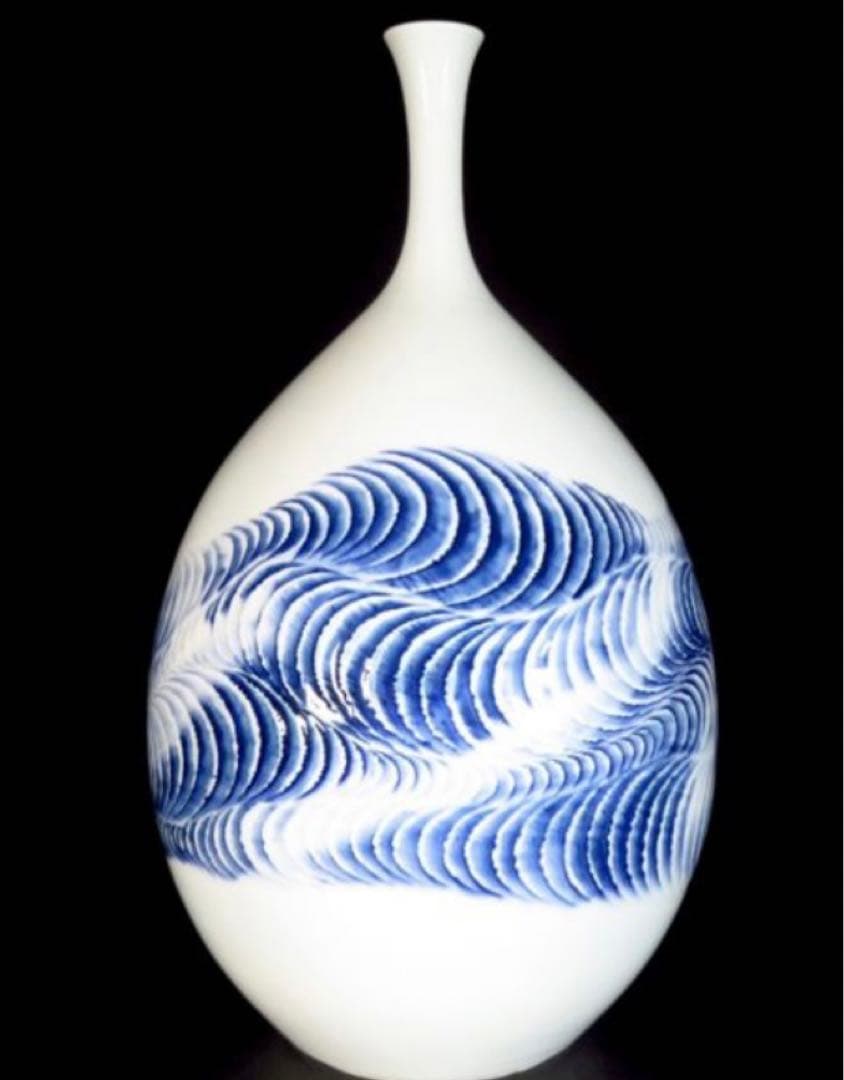 有田焼の人気作家　藤井朱明　染付 潮彫飾壷作家在 銘共箱/立札高さ36cm