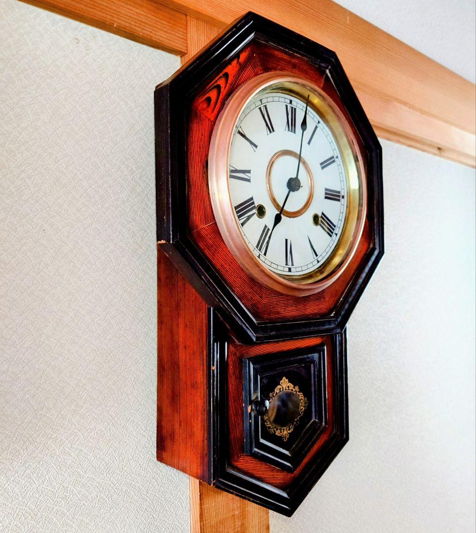 〈完動・美品〉小型八角合長ゼンマイ振り子時計　アンティーク古時計