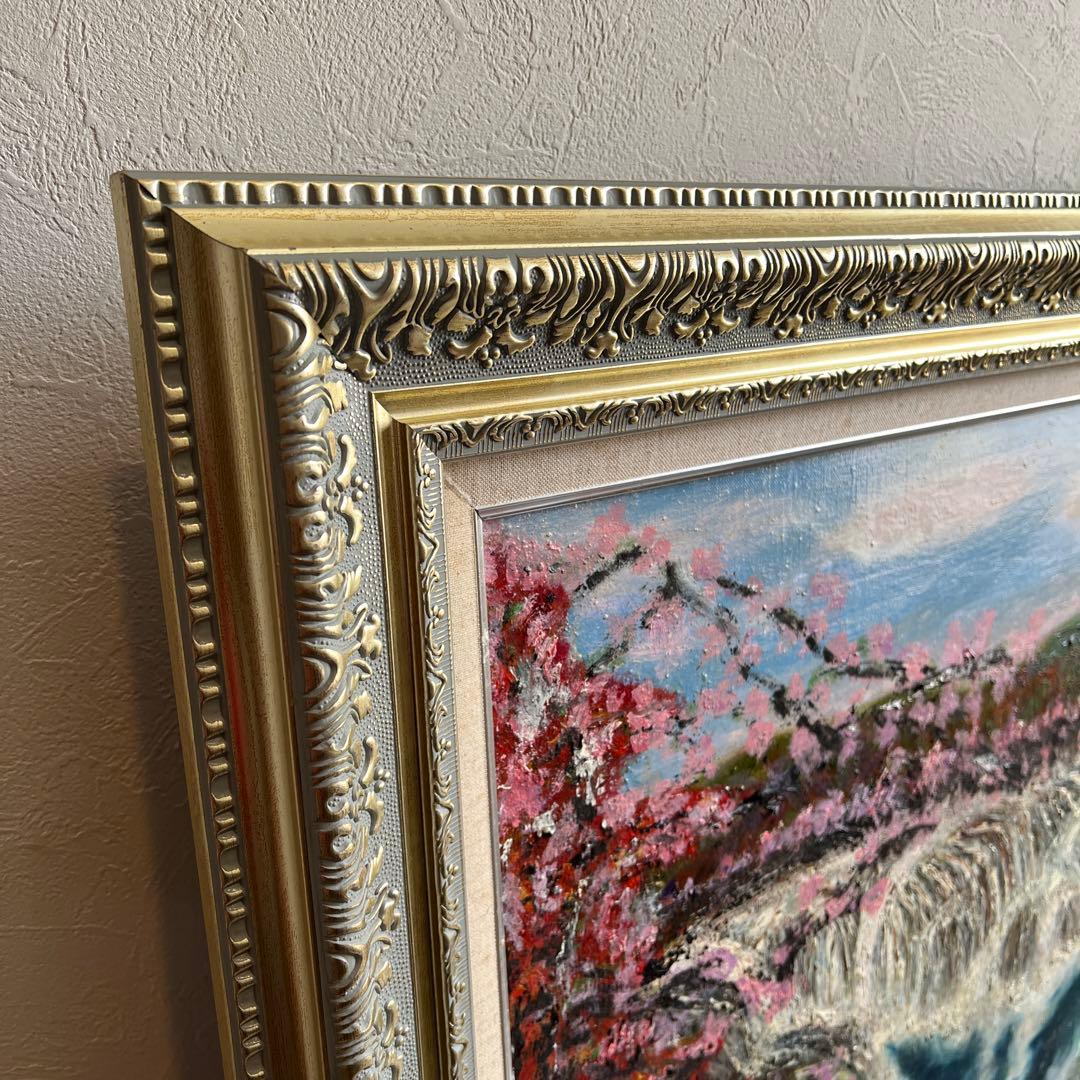 k927 額装絵画 春うららかな桜を臨むすだれ滝の風景 油彩画 エレガントな額縁