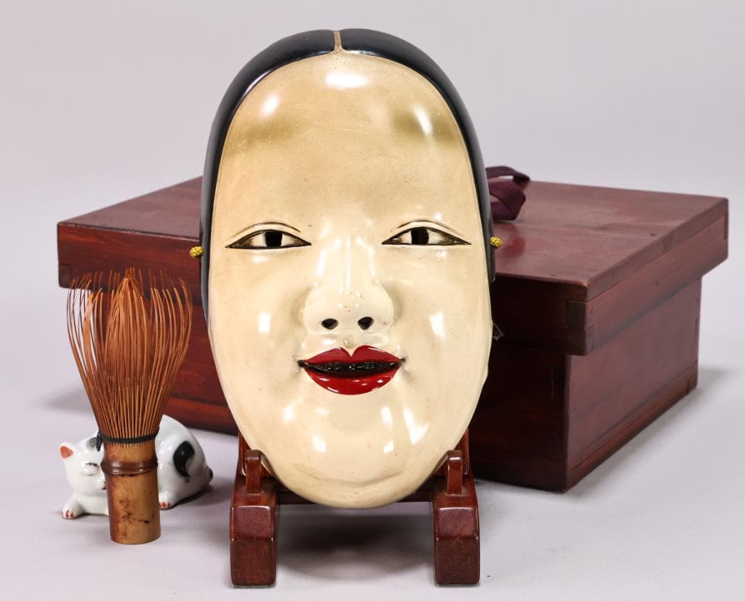 時代 古面　木彫彩色能面「小面」縦21cm　女面 お歯黒 能楽面　BK127