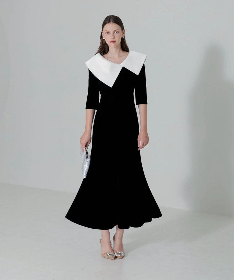 アシンメトリービッグカラーベロアマーメイドワンピースドレス