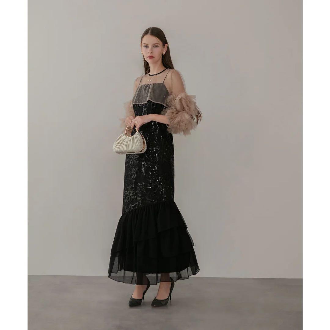 Leja フラワースパンコールチュールフリルスリーブIラインワンピースドレス