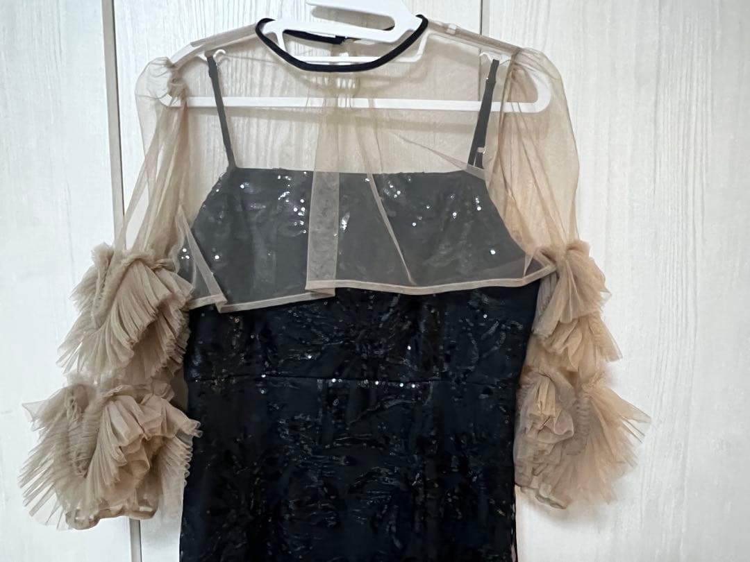 Leja フラワースパンコールチュールフリルスリーブIラインワンピースドレス