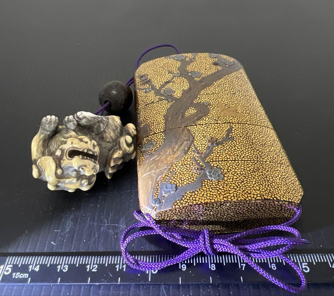 江戸時代　極上盛上鷲内梨地　五段大振印籠　極上獅子根付　東Y7-0812⭐︎2F