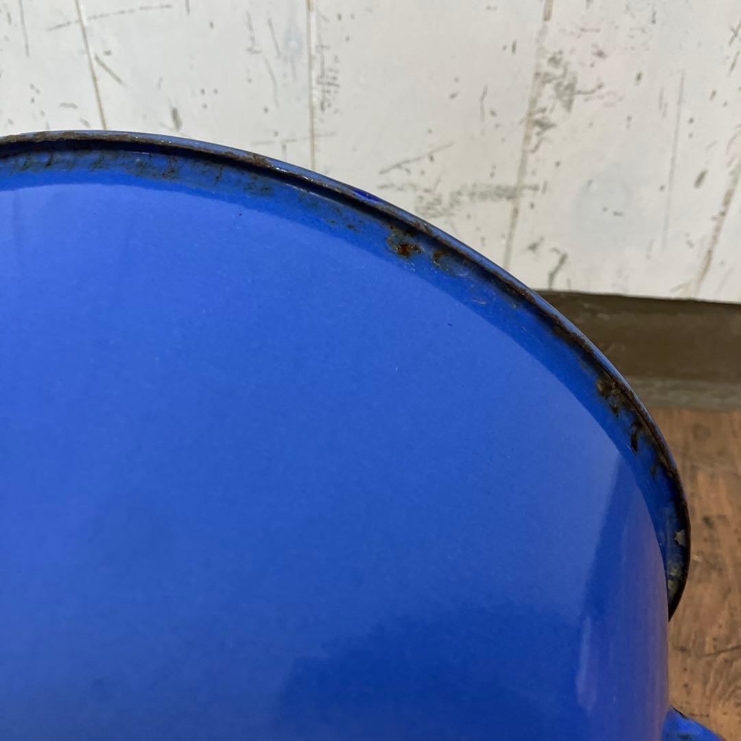 E-2 アンティーク 大型 ホーロー 鍋 バケツ ブルー 昭和レトロ ビンテージ