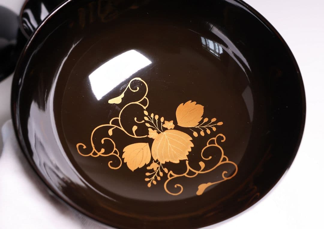 【MB194】天然木漆塗 鳳凰桐唐草 金蒔絵 黒塗 吸物椀 三客 大正昭和