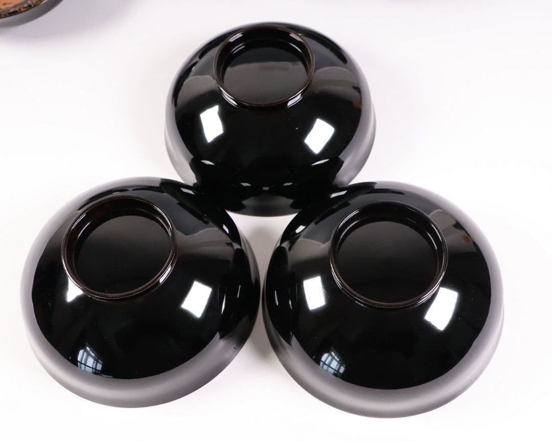 【MB194】天然木漆塗 鳳凰桐唐草 金蒔絵 黒塗 吸物椀 三客 大正昭和