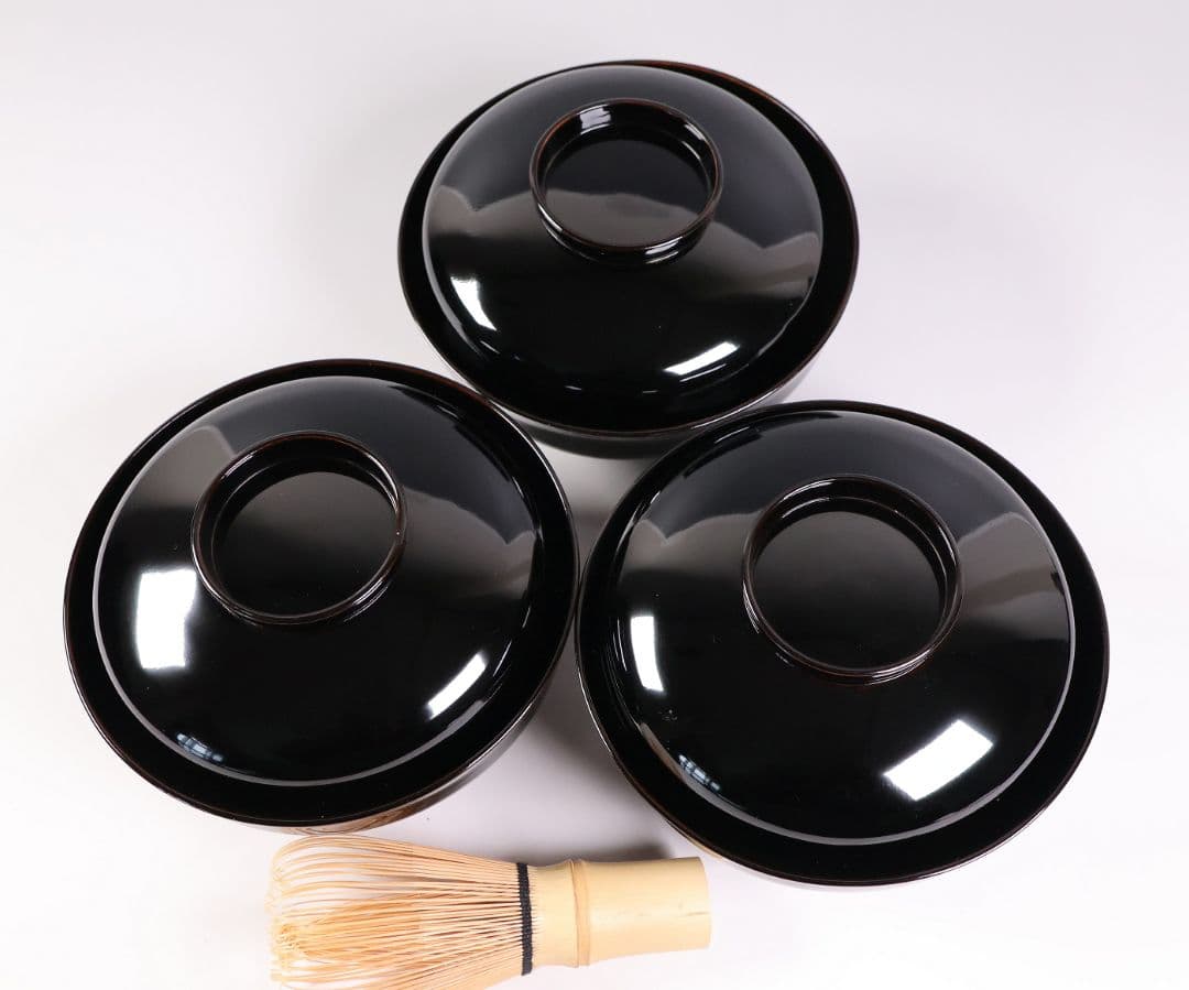 【MB194】天然木漆塗 鳳凰桐唐草 金蒔絵 黒塗 吸物椀 三客 大正昭和