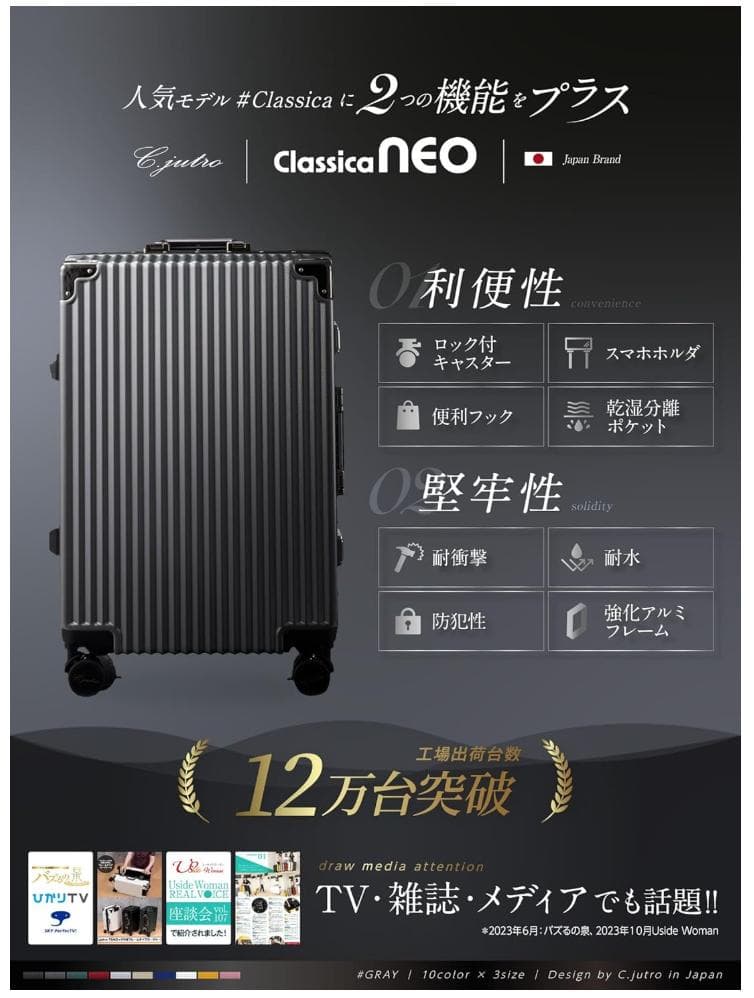 スーツケース キャリーケース 90L キャリーバッグ グレー C.jutro