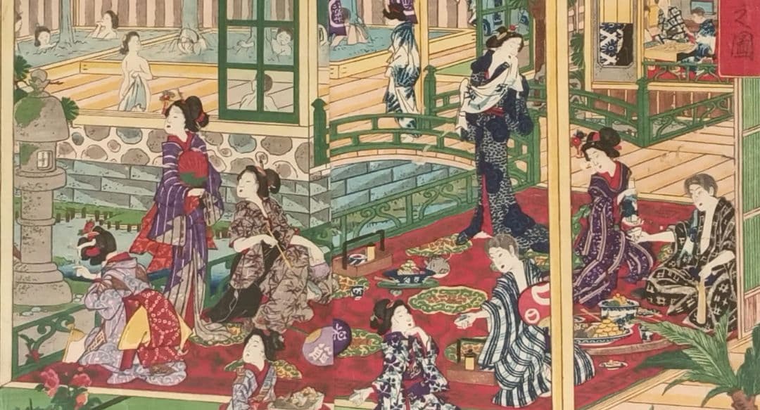 稀浮世絵版画、温泉遊客之圖三枚綴り、歌川芳藤画明治15年出版