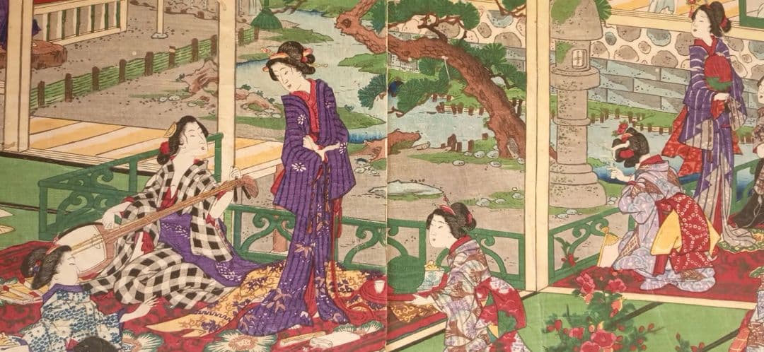 稀浮世絵版画、温泉遊客之圖三枚綴り、歌川芳藤画明治15年出版