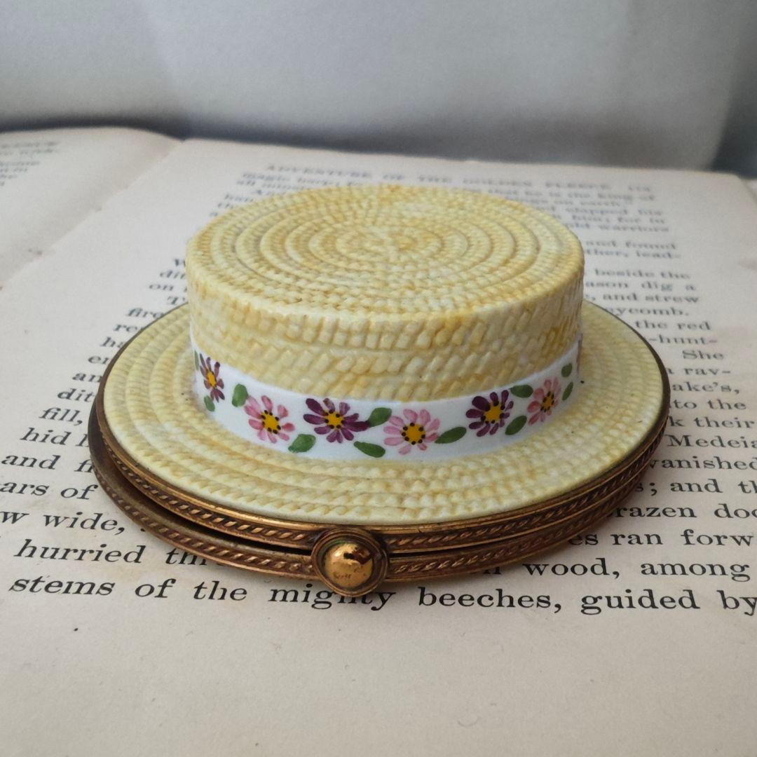 【難あり】リモージュボックス　カンカン帽　麦わら帽子　フランス製　ミニチュア