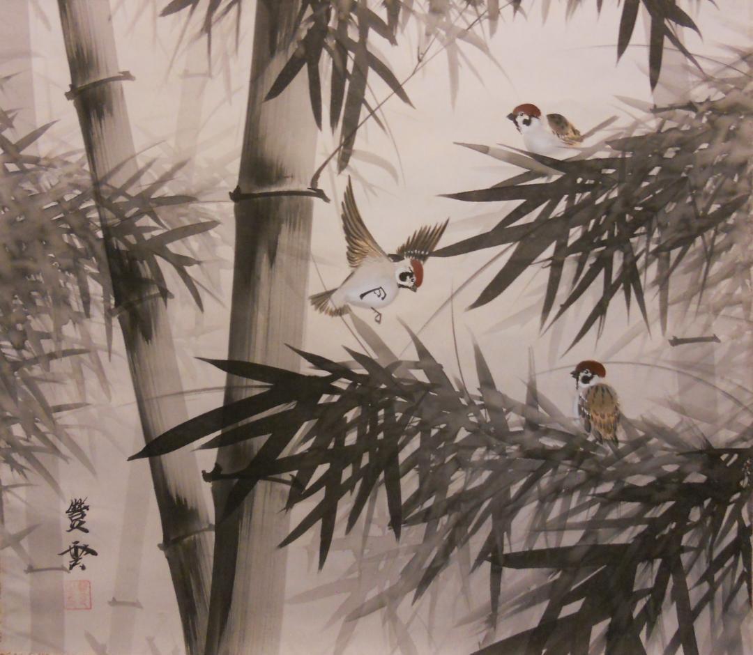 掛け軸 豊雲 竹に雀 絹本 希少 軸装 茶道具 掛軸 美品 です。