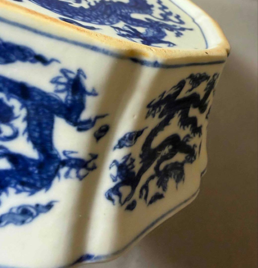 中国 染付龍の絵十菱盤　f2260103