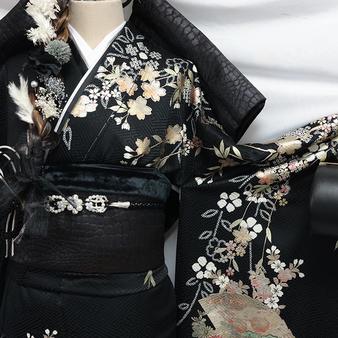 新古品◆ 人気絞り◆黒 丈159cm振袖6点セット ◆正絹フルセット07NJ