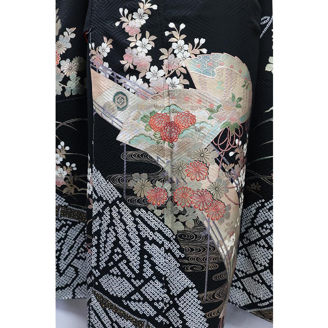 新古品◆ 人気絞り◆黒 丈159cm振袖6点セット ◆正絹フルセット07NJ