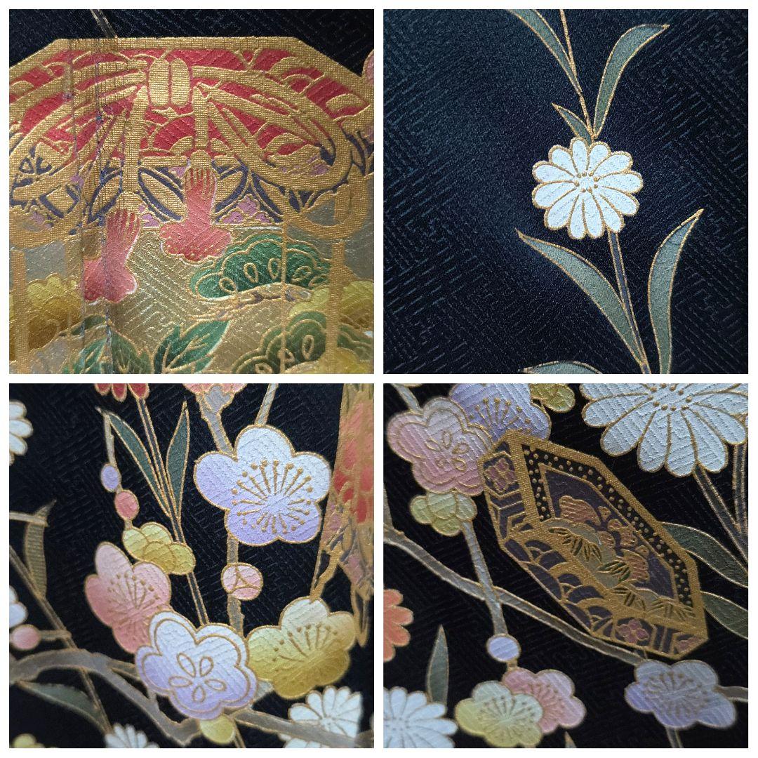 B◆着物くつろぎ 貝桶に花模様 金彩 褐返色 袷 正絹 振袖 着物 着丈162
