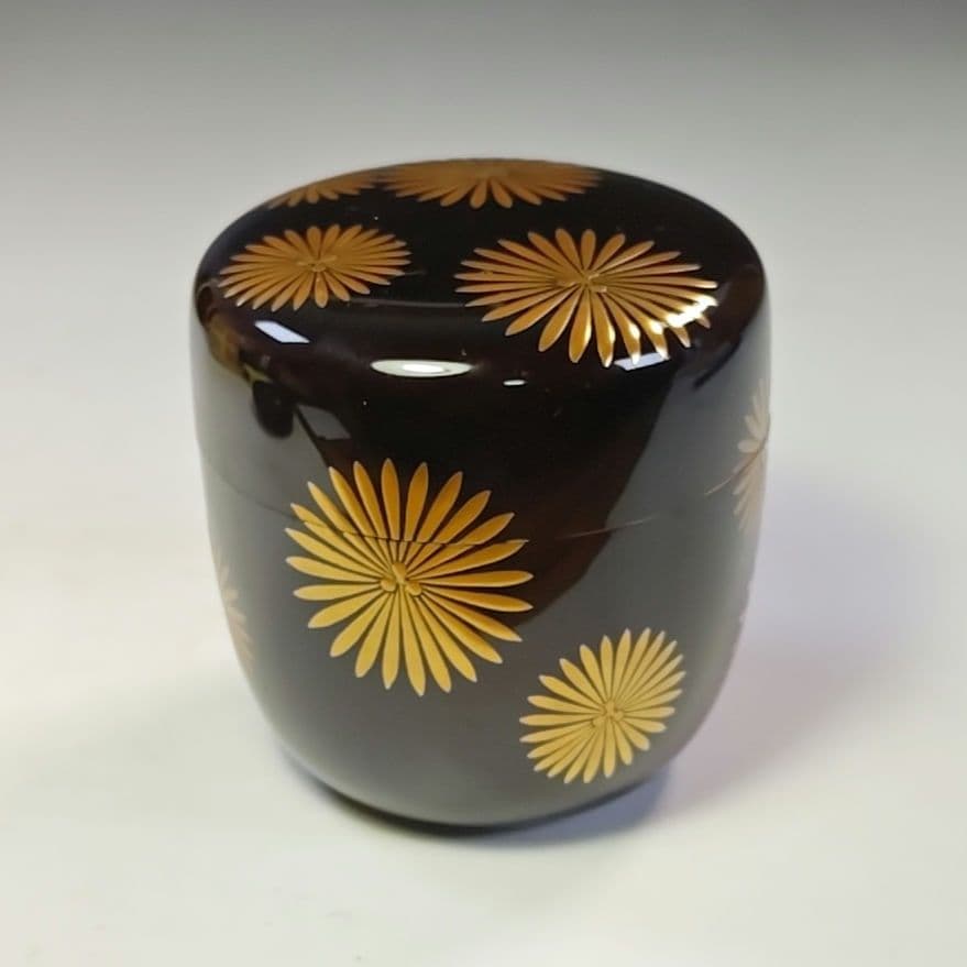 イ806 棗『村田宗覚作』『而妙斎　花押　極箱　唐松蒔絵　内銀黒大棗　二重箱』