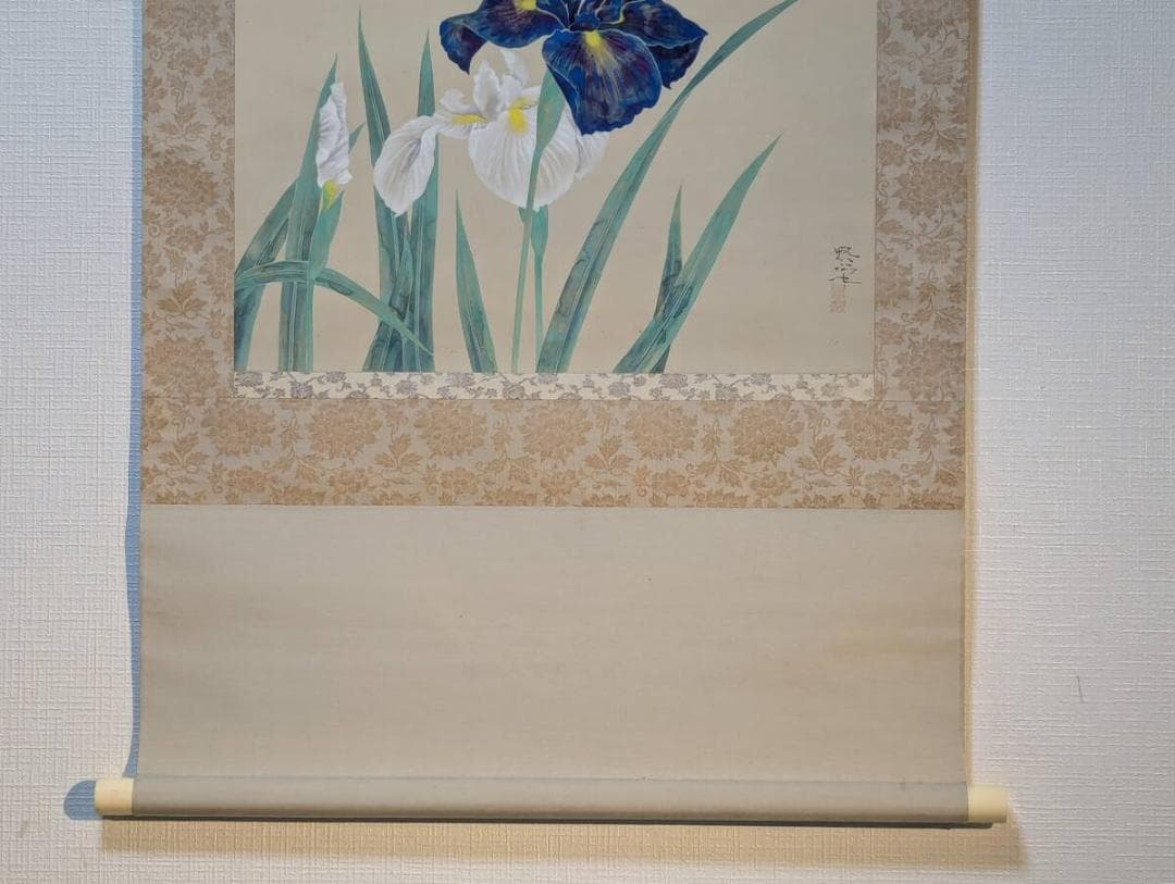 【真作】掛軸　富取風堂　菖蒲　雅趣に満ちた彩色花鳥画　共箱入　T51