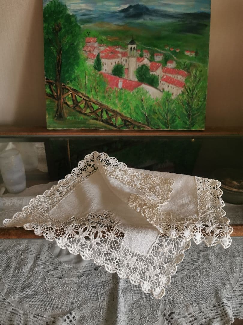 アンティークイギリス ホワイトニードルワークsabaレース梯子刺繍リネンクロス