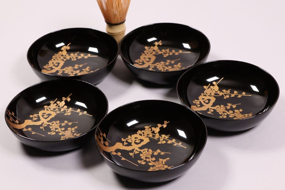 【CM233】古い木皿 五客 梅 金蒔絵 黒塗 小皿 菓子皿 木製漆器 大正昭和