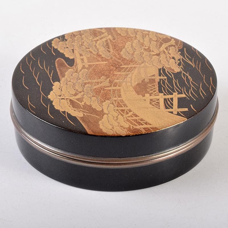 茶道具　塗師　中村宗哲作　住吉蒔絵　香合　共布　即中斎極め箱　D　R7581