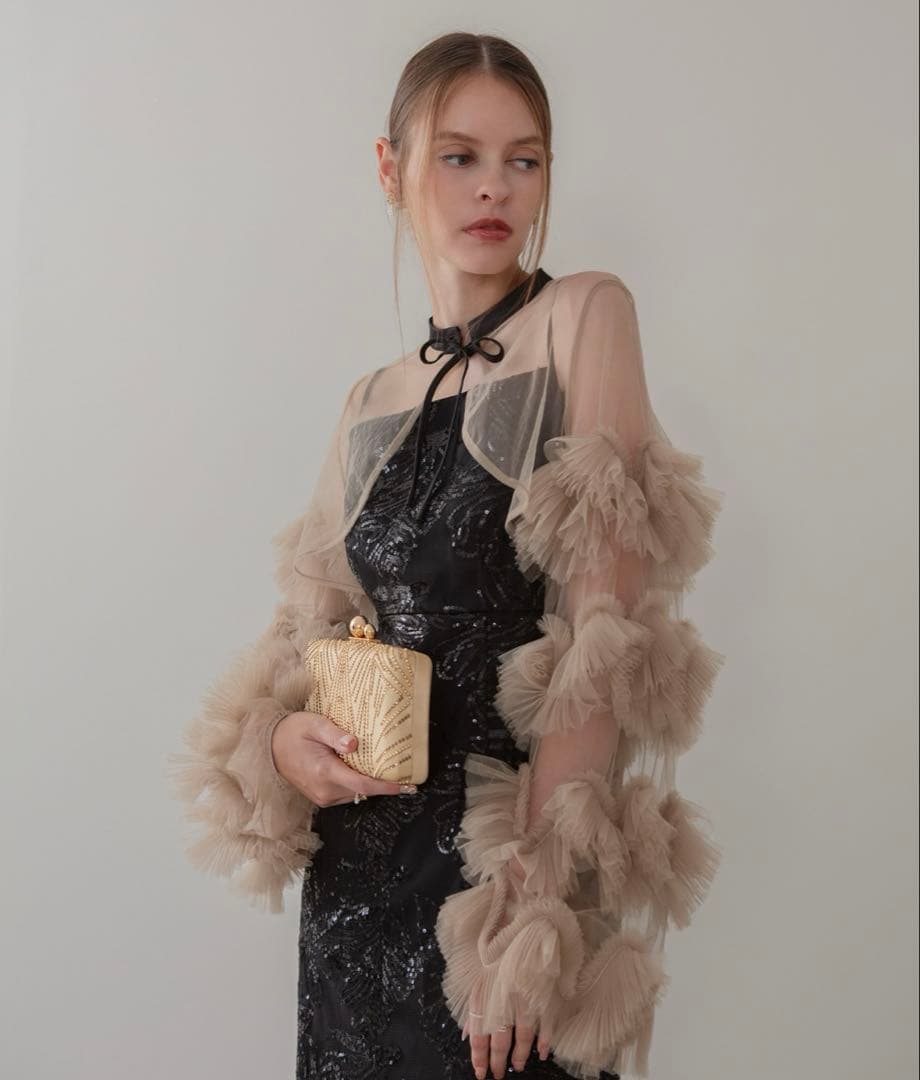 【新品】leja フリルチュールスリーブリボンIラインワンピースドレス