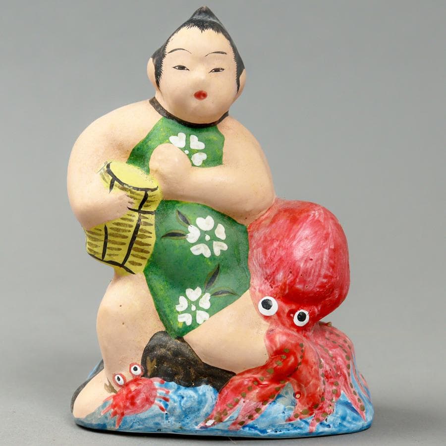 相良人形 七代 さがらたかし 大蛸と蟹と金太 土人形 郷土玩具 置物