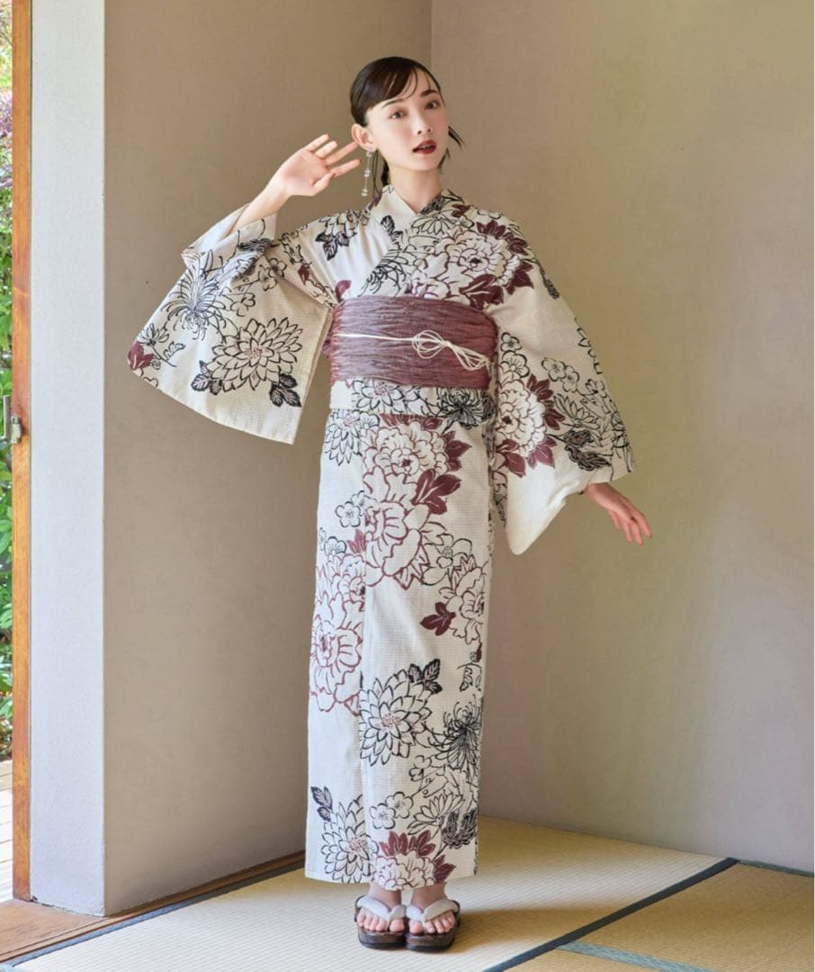 hinari × utatane浴衣セット 牡丹 ボルドー freeサイズ