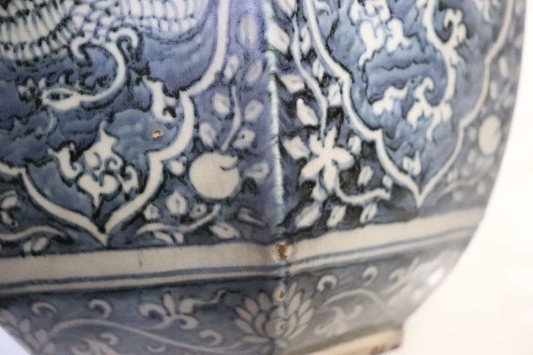 中国　染付六角瓶　鳳凰&雲鶴紋　送料込み1116