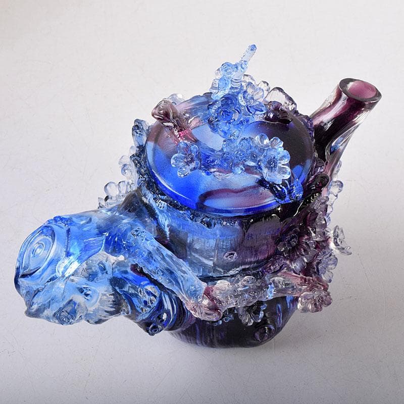 中国　ガラス工芸　琉璃夏氏　花彫刻　急須型　置物　箱・証明書付　C　8201