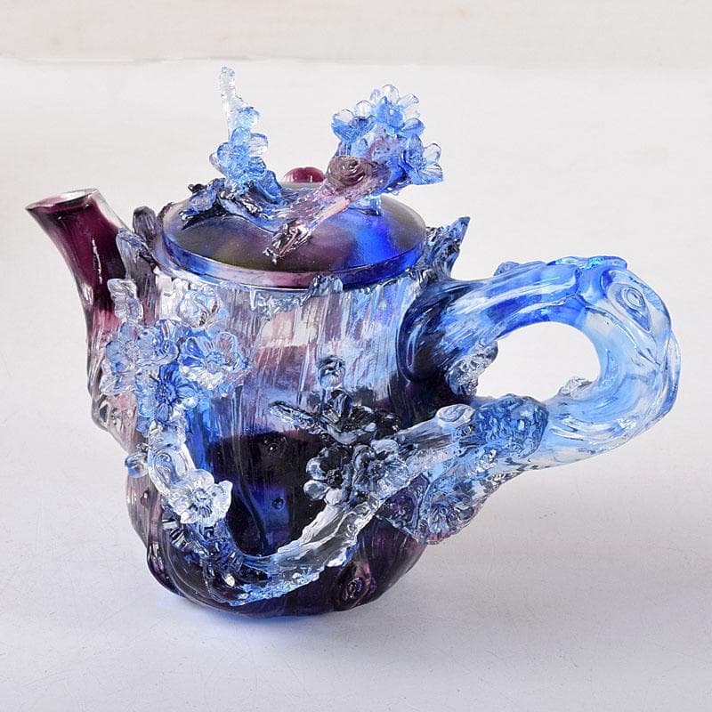 中国　ガラス工芸　琉璃夏氏　花彫刻　急須型　置物　箱・証明書付　C　8201