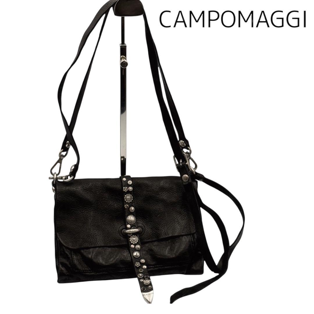 極美品 カンポマッジ スタッズ ショルダーバッグ 黒 レザー イタリア製