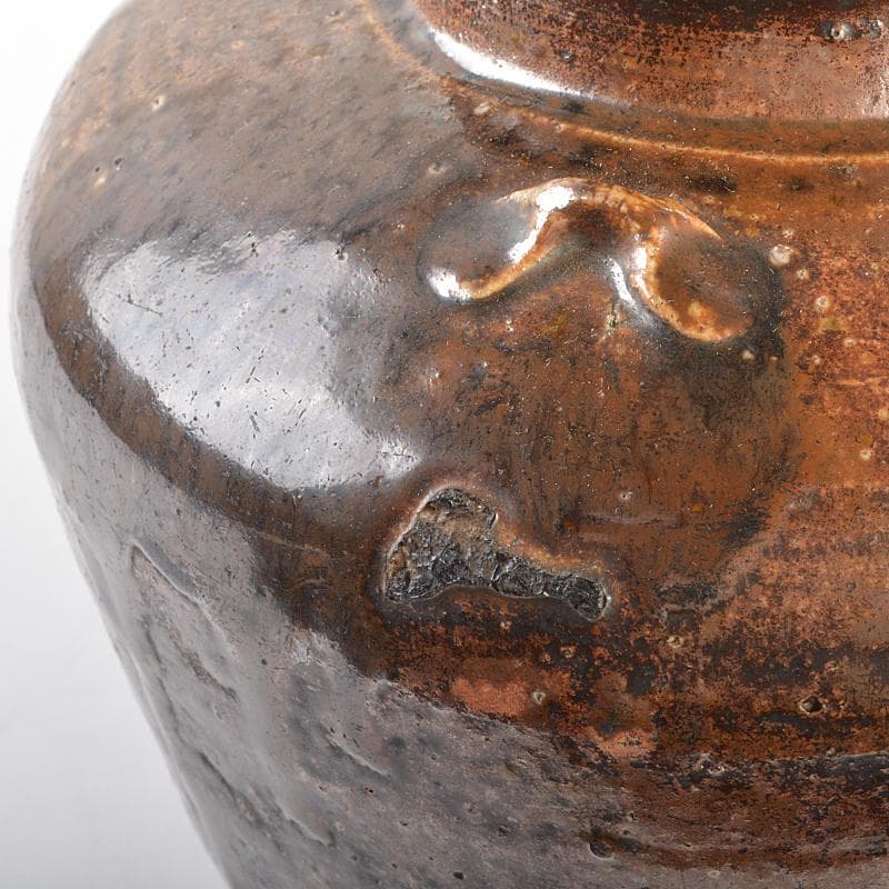 瀬戸焼　古瀬戸　四耳壷　葉茶壷　木製蓋付　高さ約24cm　時代箱　VR7341B