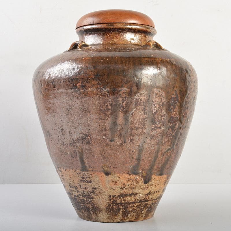 瀬戸焼　古瀬戸　四耳壷　葉茶壷　木製蓋付　高さ約24cm　時代箱　VR7341B