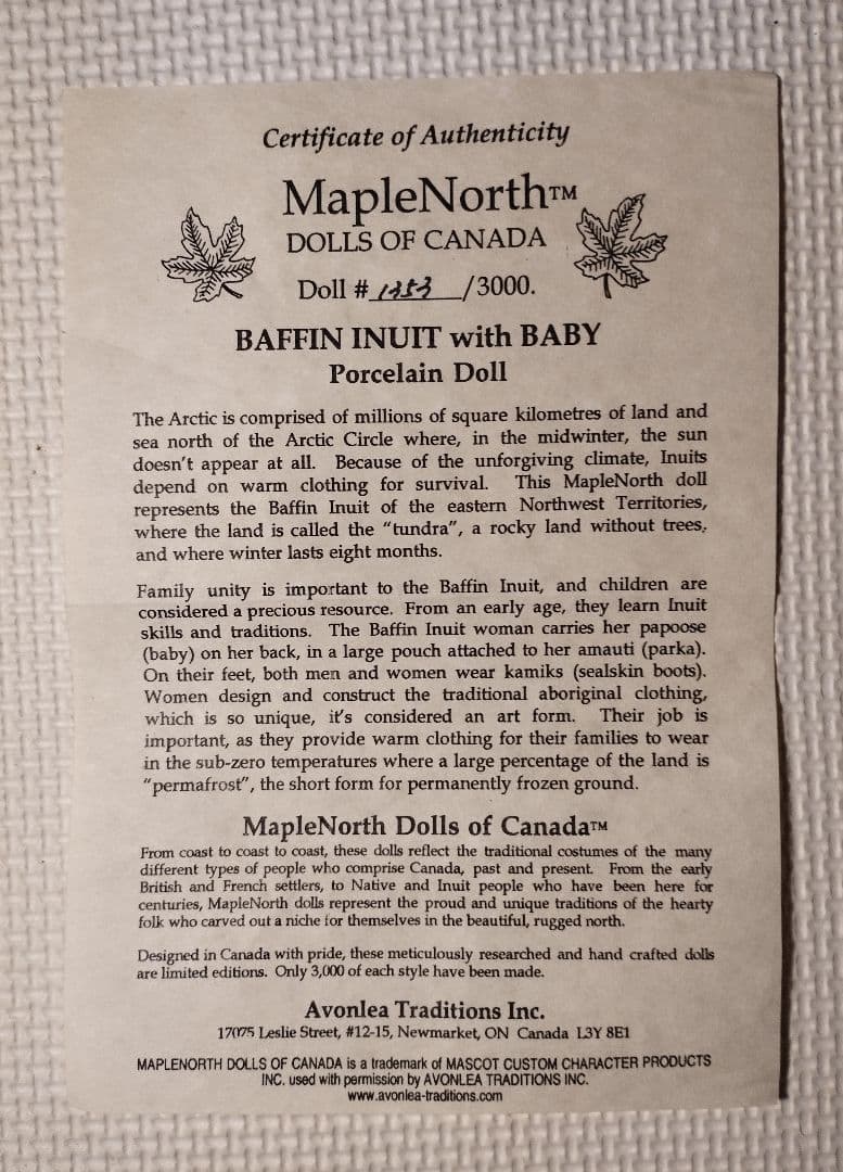 カナダ イヌイット人形 民族衣装 母子 アンティーク 3,000体限定生産