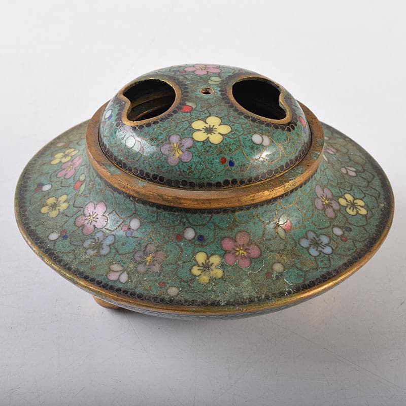 中国　古七宝琺瑯彩　花唐草文　三足蓋爐　香炉　M　R8546
