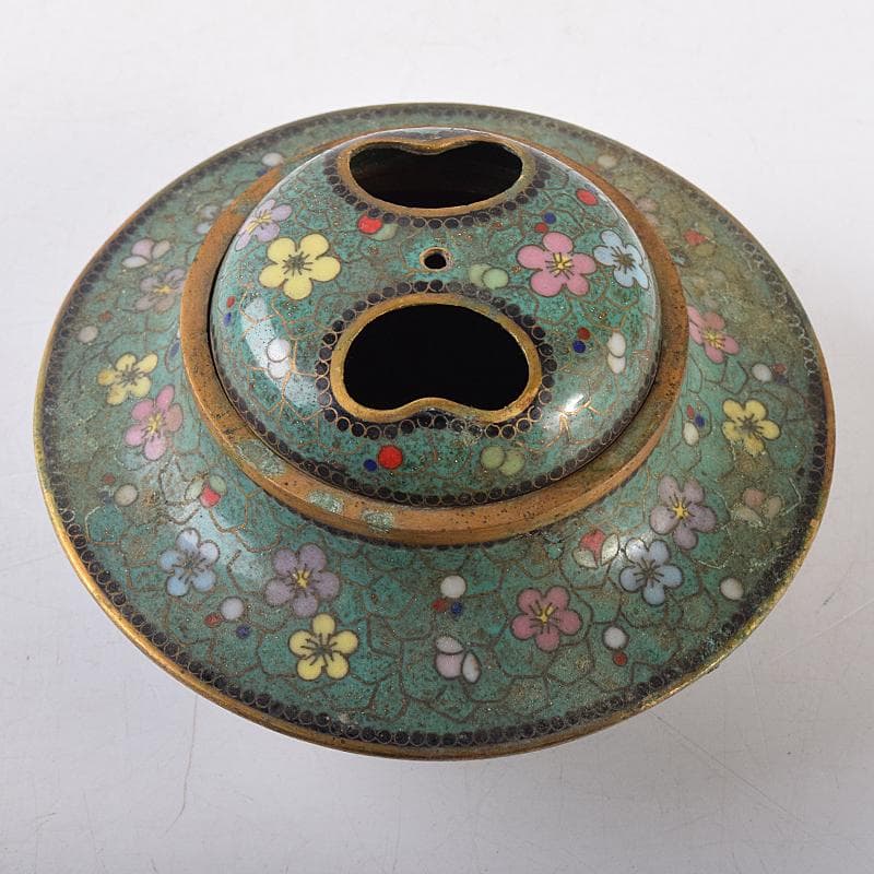 中国　古七宝琺瑯彩　花唐草文　三足蓋爐　香炉　M　R8546