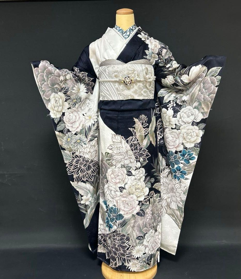 白紺染め分け牡丹のクール系振袖フルセット