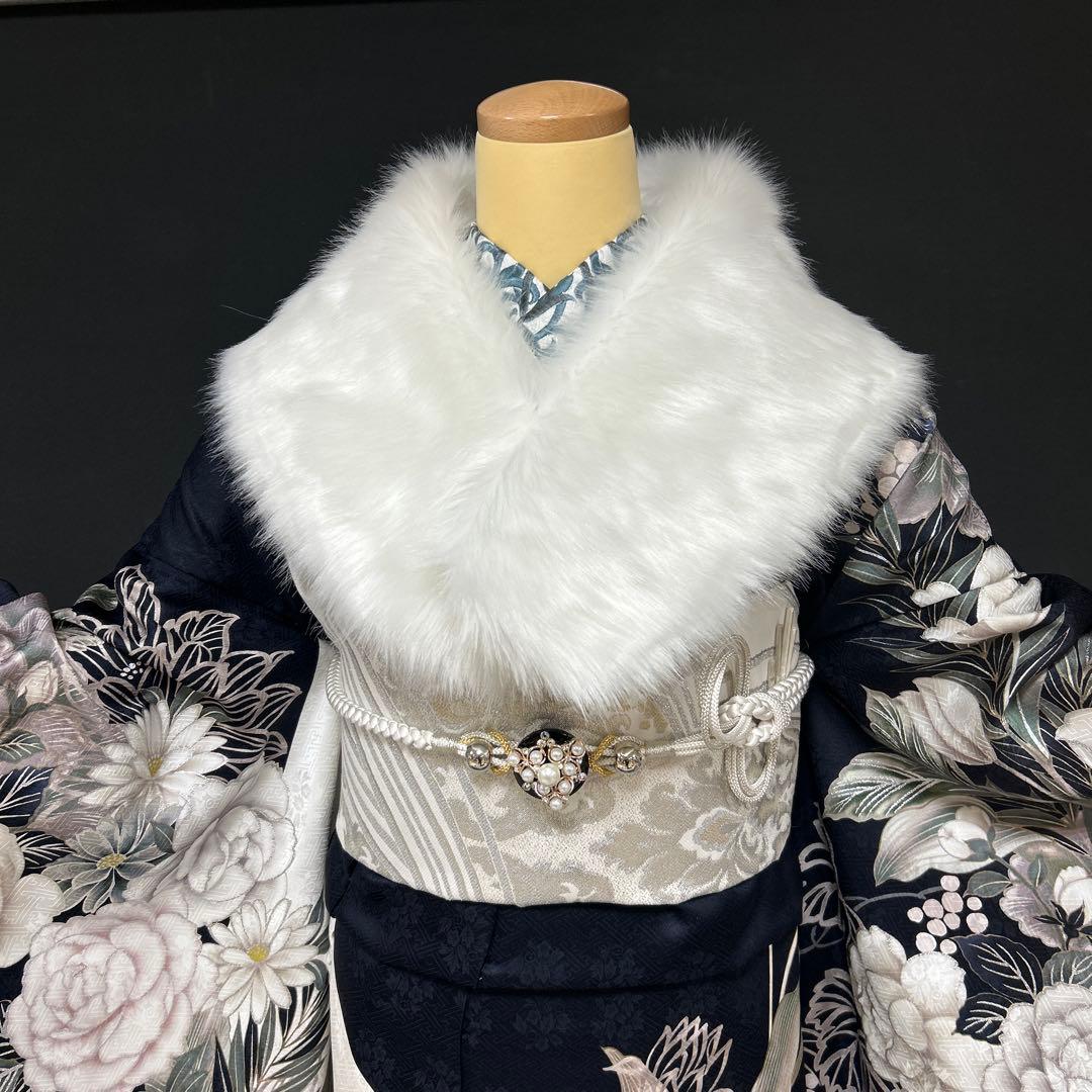 白紺染め分け牡丹のクール系振袖フルセット