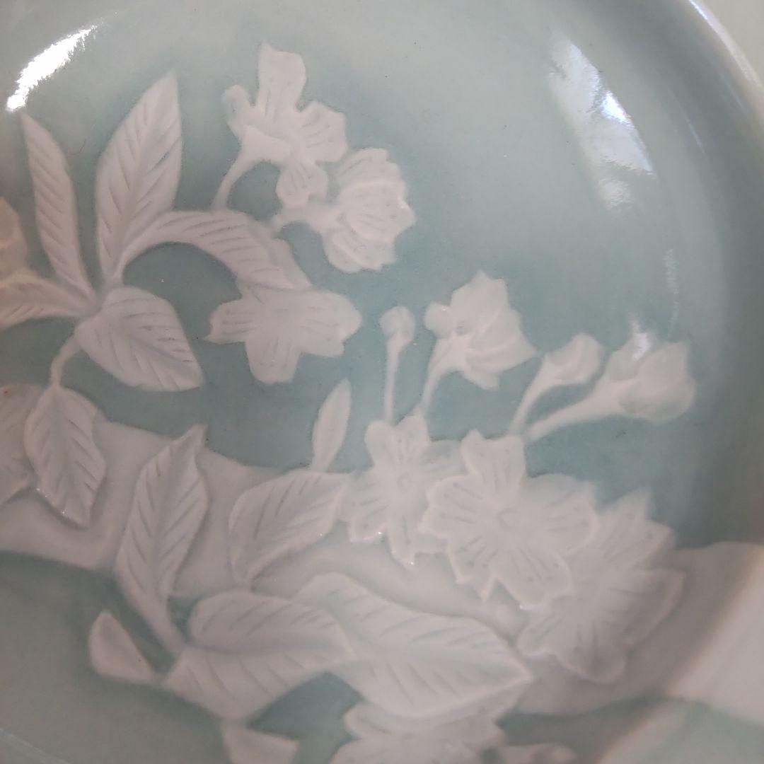 九谷焼小鉢五枚組　青白瓷桜文彫り四方　池島保雄作