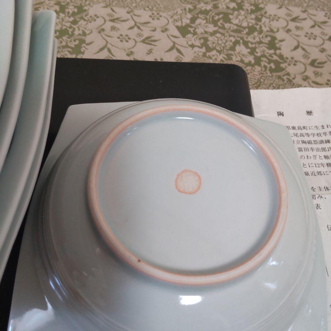 九谷焼小鉢五枚組　青白瓷桜文彫り四方　池島保雄作