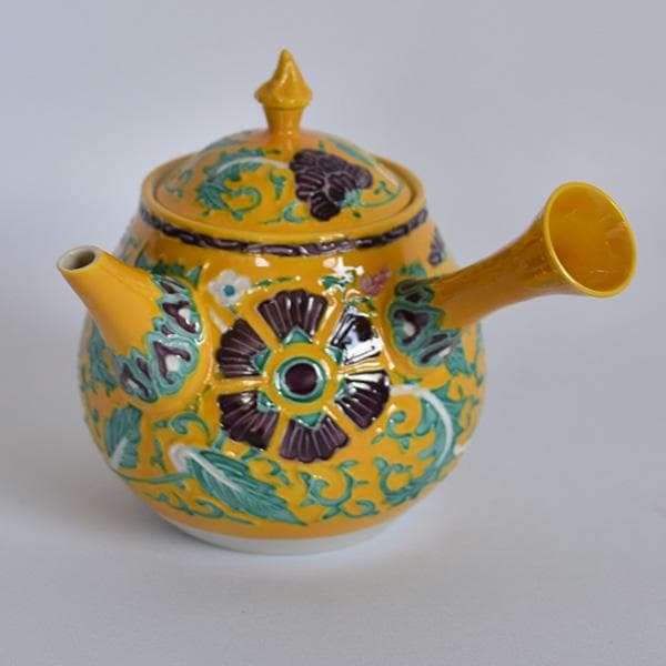 煎茶道 高野昭阿弥作 黄交趾唐草模様　煎茶急須