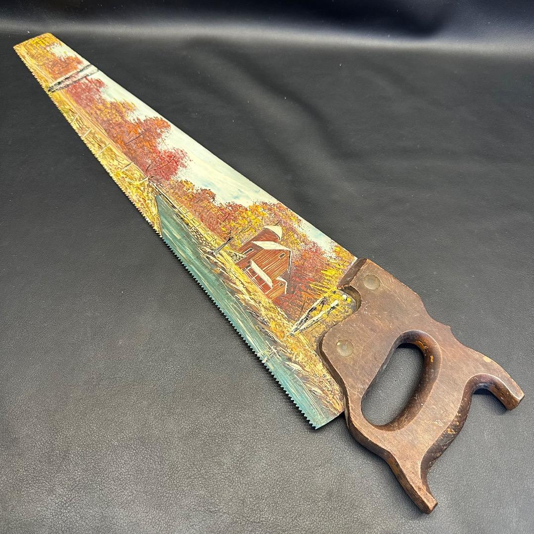 ♡Nc左1007 アンティーク 装飾用ノコギリ 風景画 木製 ヴィンテージ