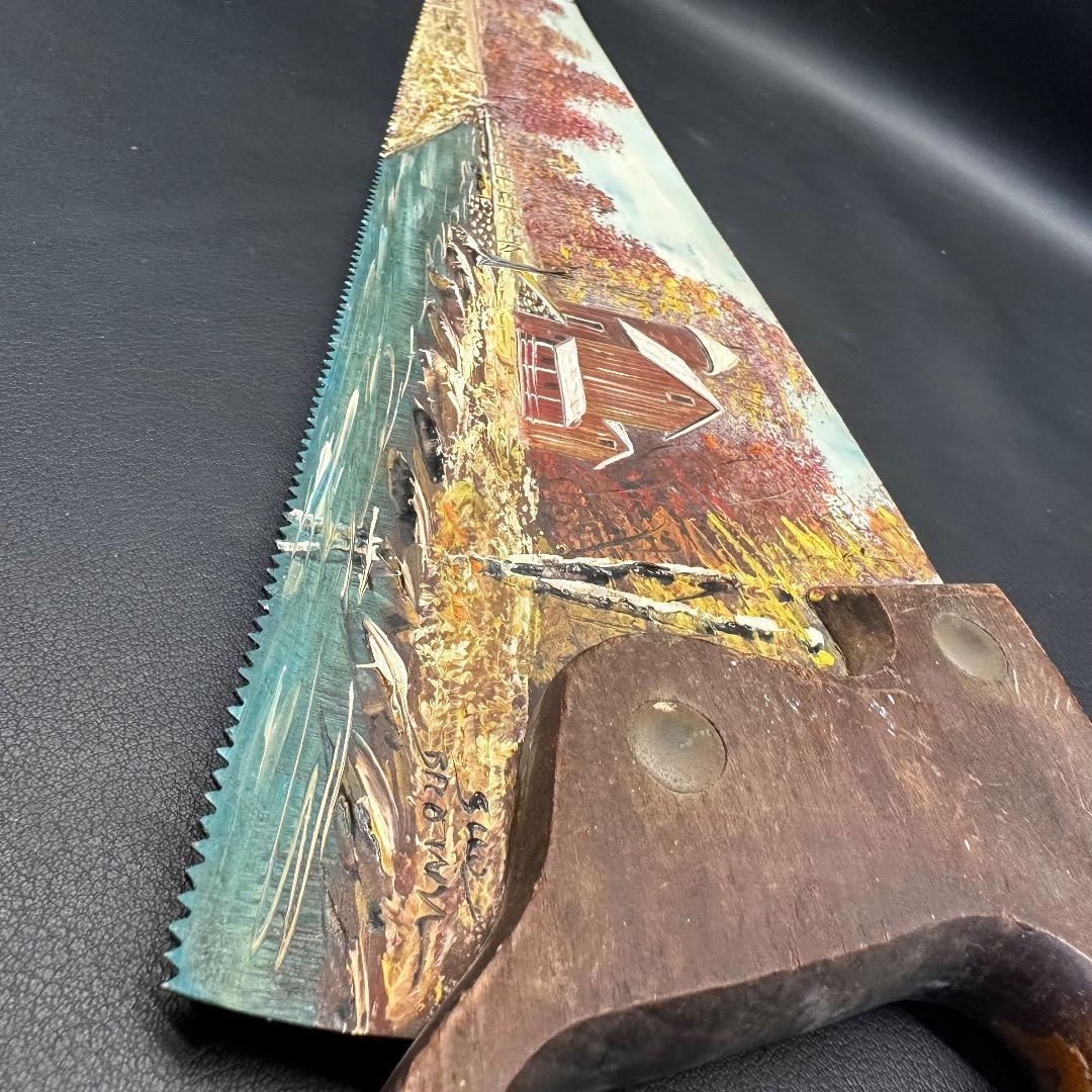 ♡Nc左1007 アンティーク 装飾用ノコギリ 風景画 木製 ヴィンテージ