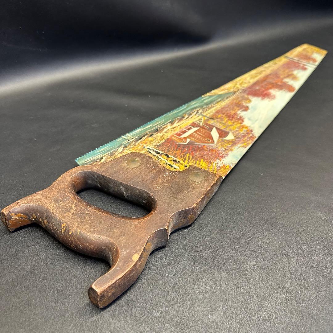 ♡Nc左1007 アンティーク 装飾用ノコギリ 風景画 木製 ヴィンテージ