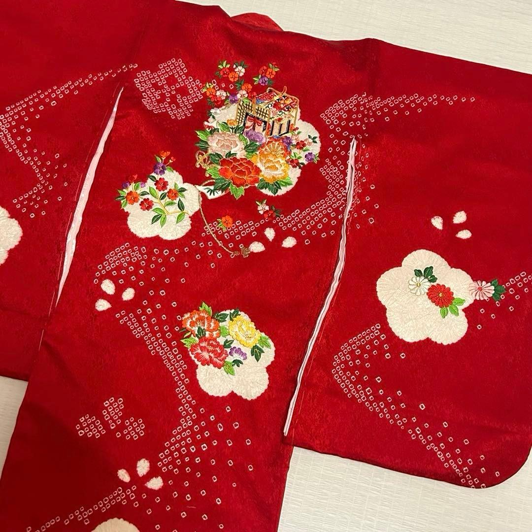 七五三 3歳 フルセット 総絞り 着物 正絹 被布 刺繍 三歳 赤 草履 753