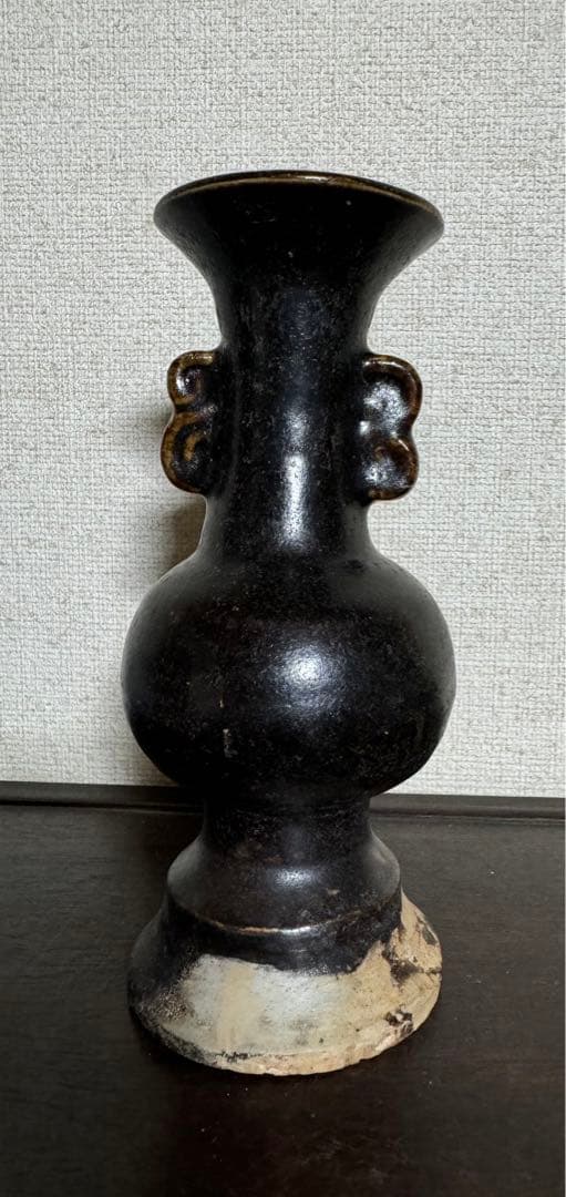 中国骨董　漢ー唐　黒釉褐釉　耳付瓶仏前供養瓶　時代物　唐物　古美術(N-3)