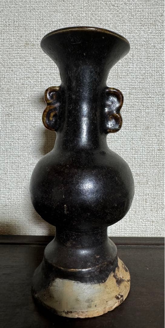 中国骨董　漢ー唐　黒釉褐釉　耳付瓶仏前供養瓶　時代物　唐物　古美術(N-3)